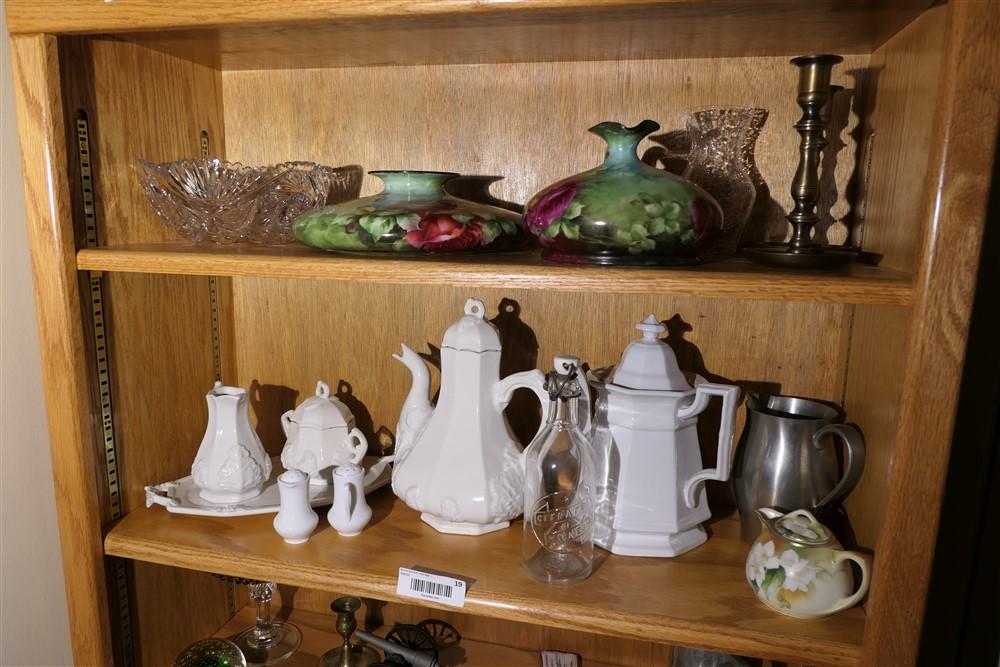 2 Shelf contents inc. painted Belleek