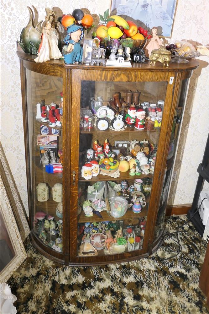 Oak curved glass curio cabinet - antique