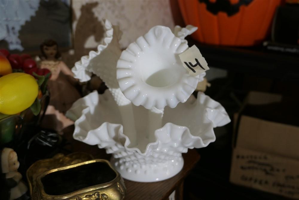 Fenton White Glass Hobnail Epergne