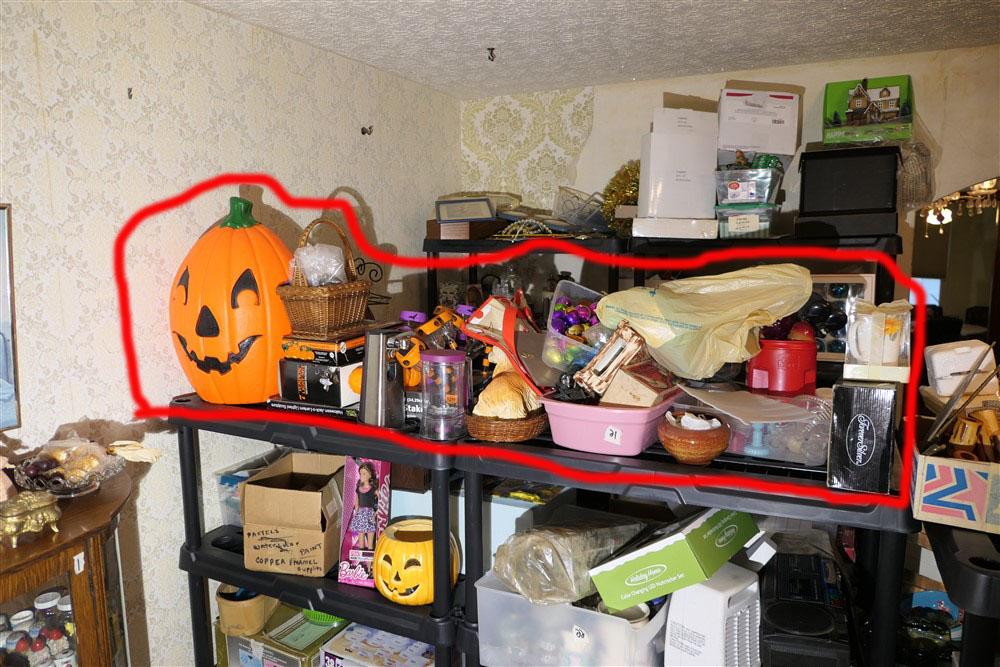 Items on top of 2 shelves inc. Halloween