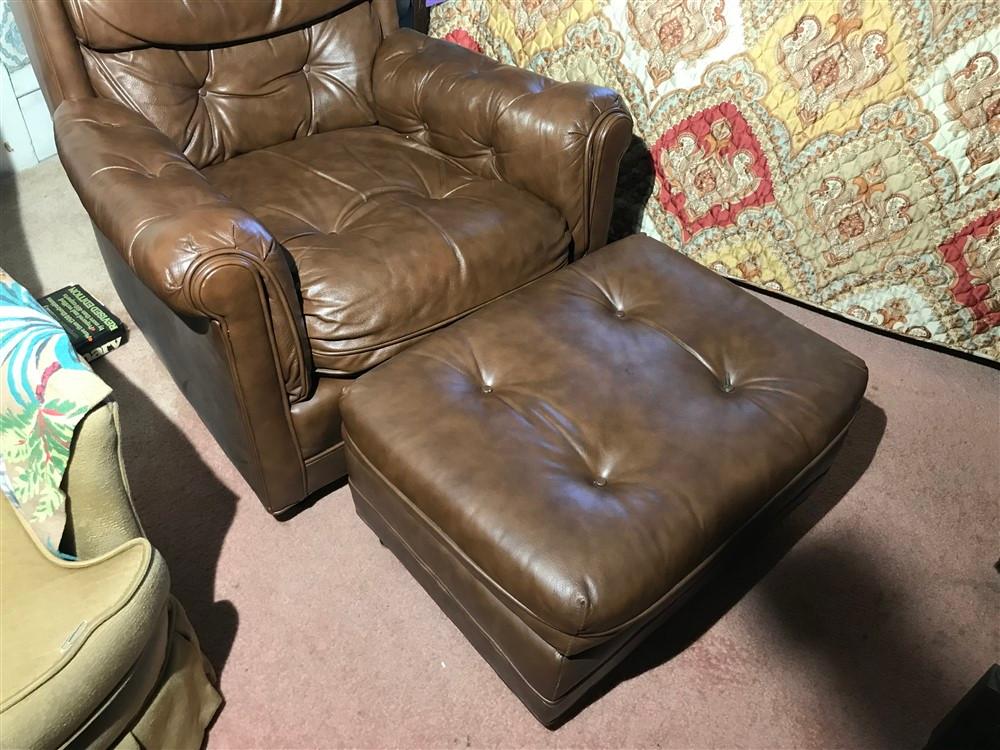 Vintage real leather lounge chair and footstool