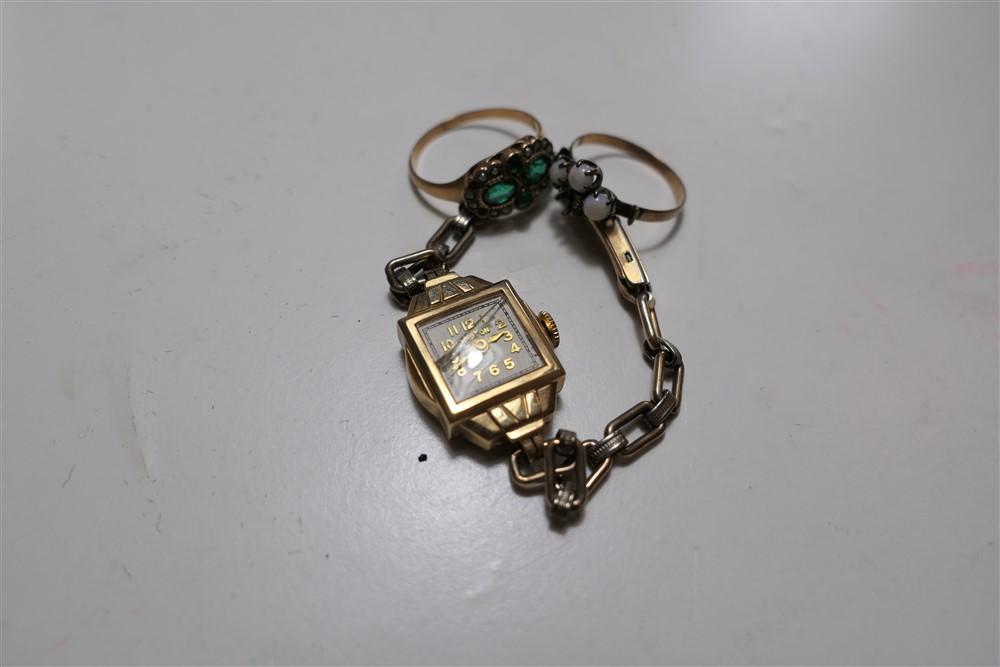 14k gold lady's watch, 2 early gold rings