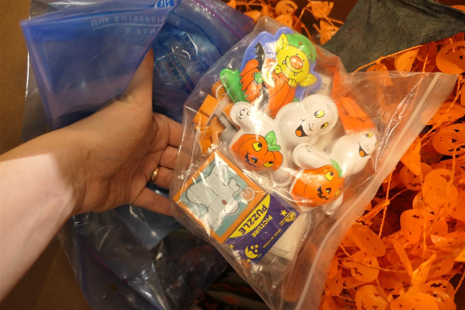 Box of assorted Halloween decorations