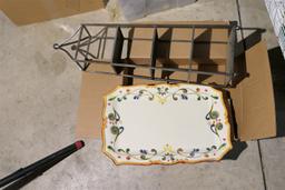 Metal display stand & Large hand painted Italian platter