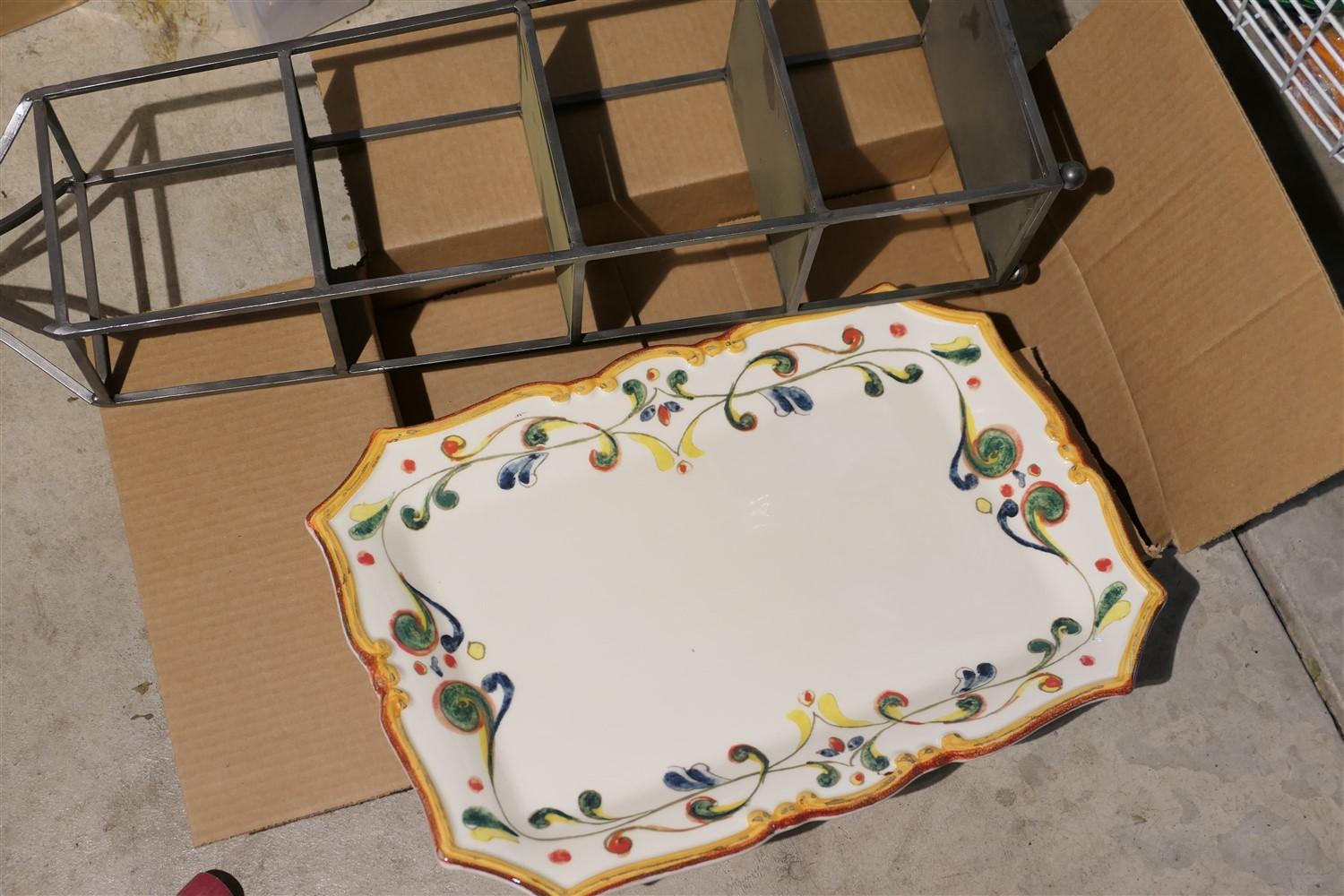 Metal display stand & Large hand painted Italian platter