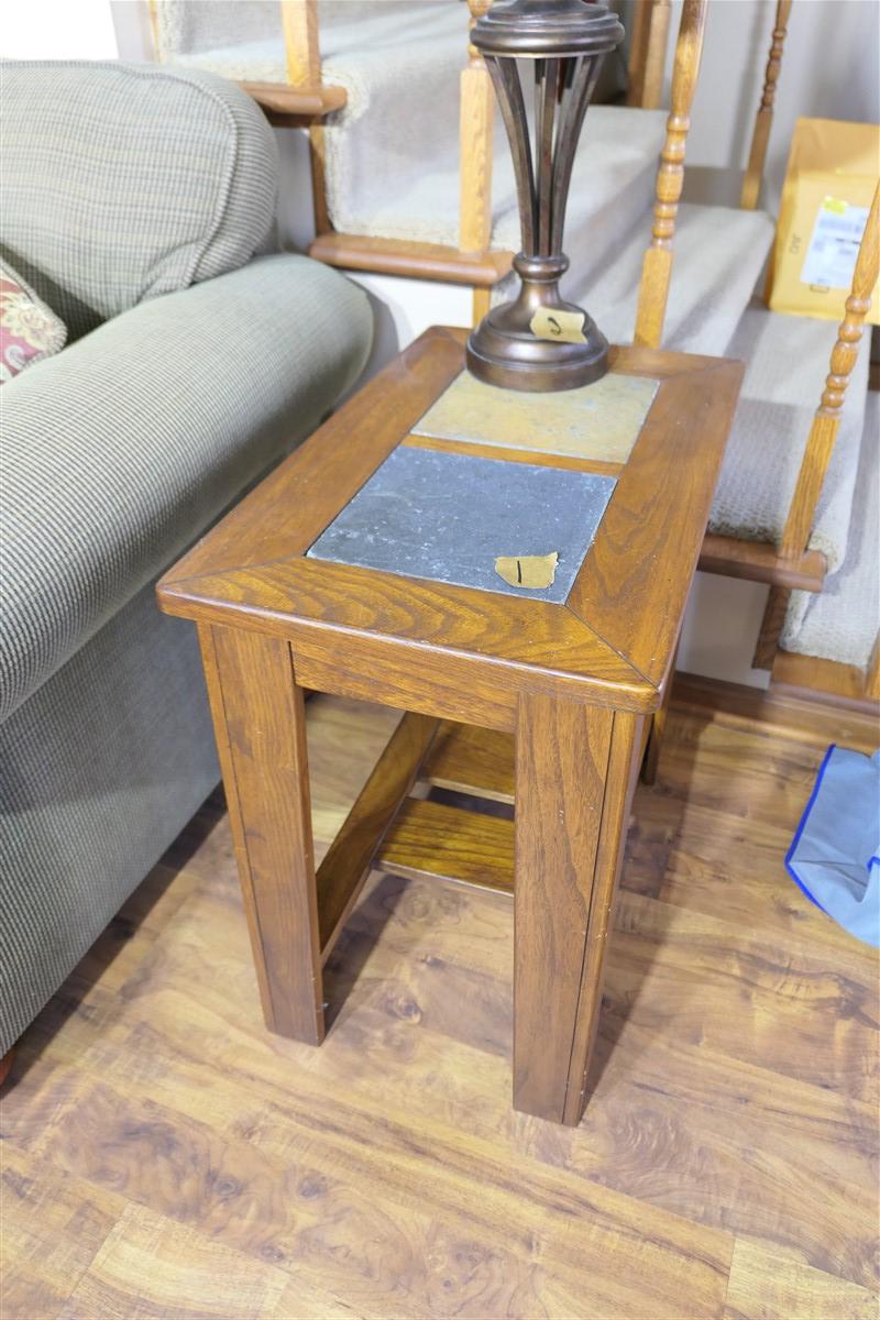 Pair of Nice Wood & Slate End Tables