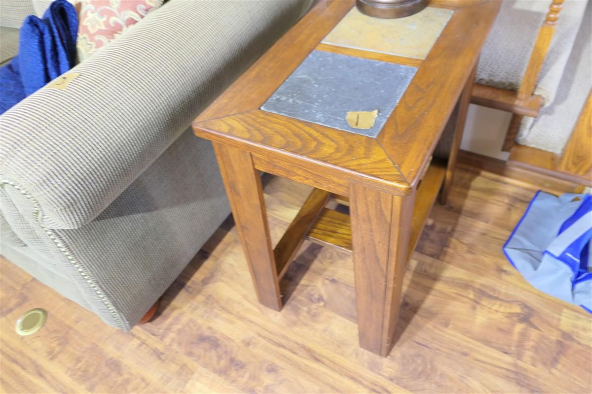 Pair of Nice Wood & Slate End Tables