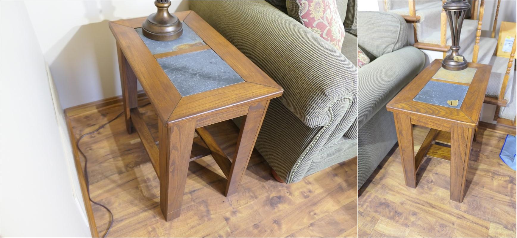 Pair of Nice Wood & Slate End Tables