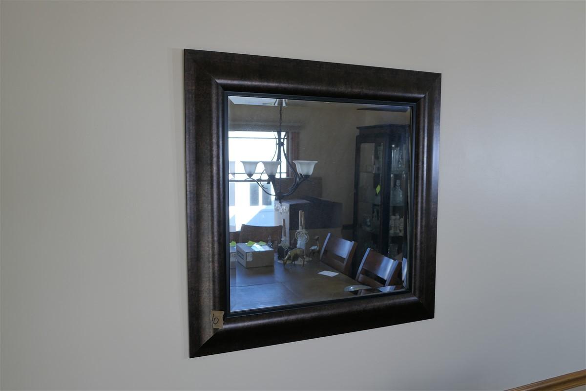 Bevelled mirror & two decorative prints