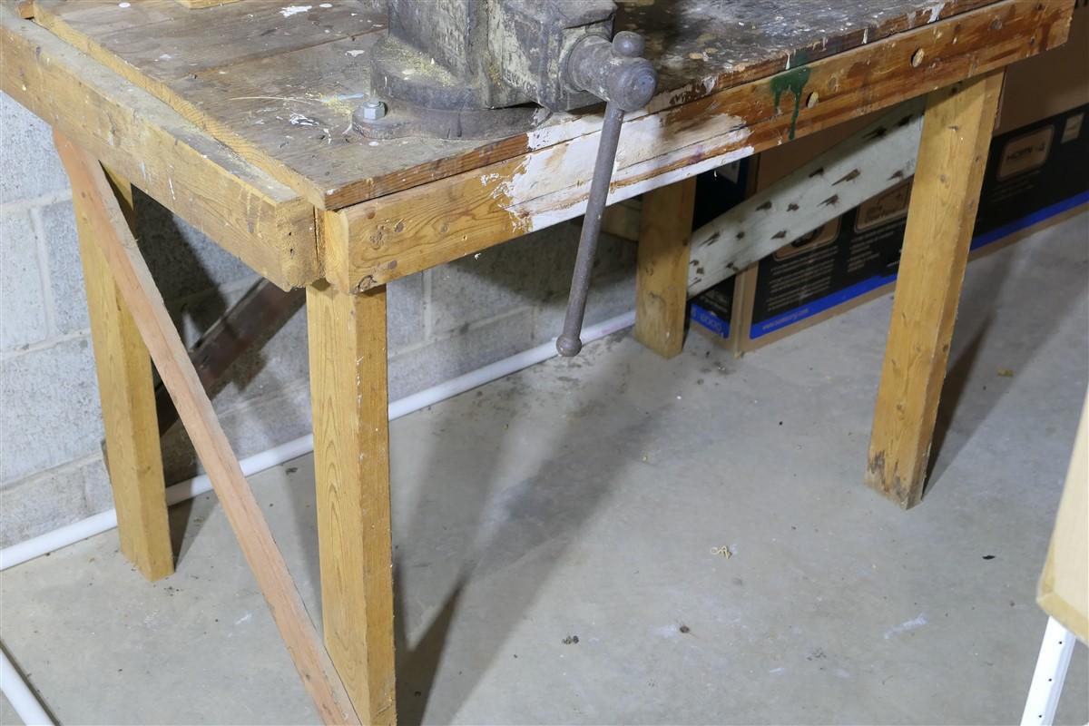 20" Antique Prentiss Vice + workbench, organizer