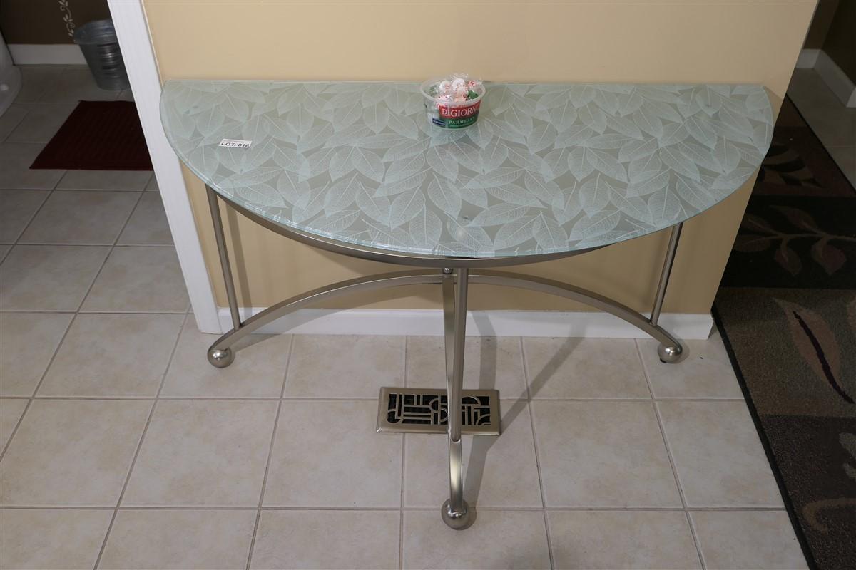 Floral pattern glass topped demi-lune table