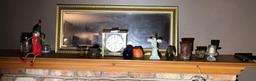 Items on mantel - Bulova clock, paperweights etc