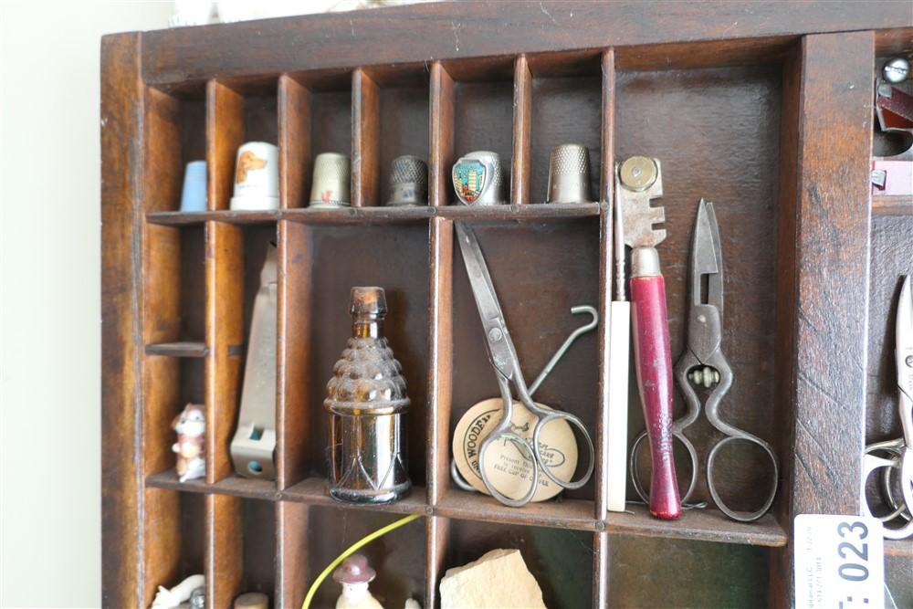 Printer cabinet w/antique letter blocks, smalls etc