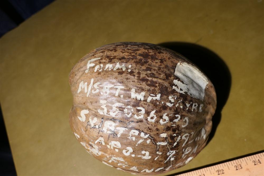 WWII Coconut sent by William "Bud" Sayre to Father Fred in Hebron.