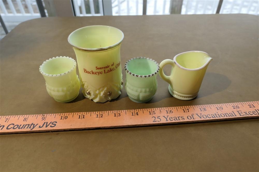 4 Antique Buckeye Lake toothpick holders EAPG Green Milk Glass