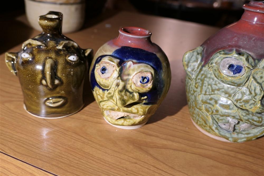 3 Vintage Artisan Made Face Stoneware Jugs