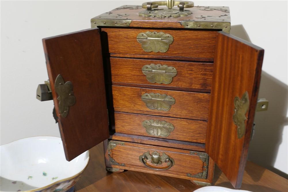 Chinese Wood, Jade Jewelry Box, Plus 2 Bowls