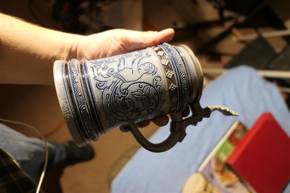 Nice named and dated cobalt blue decorated stein