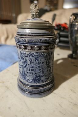 Nice named and dated cobalt blue decorated stein