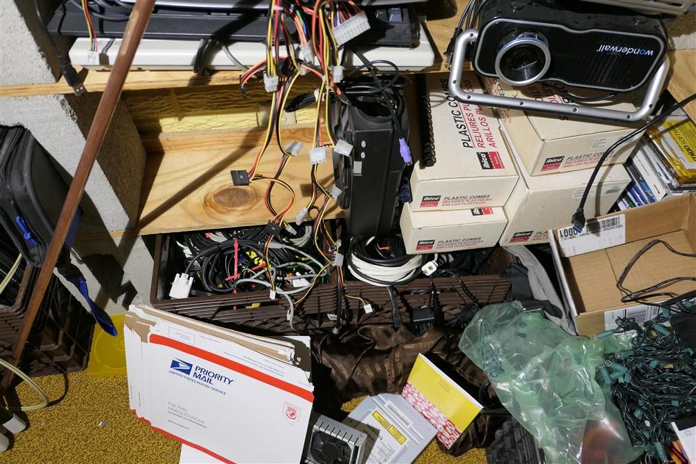 Large corner lot electronics, parts, cords etc