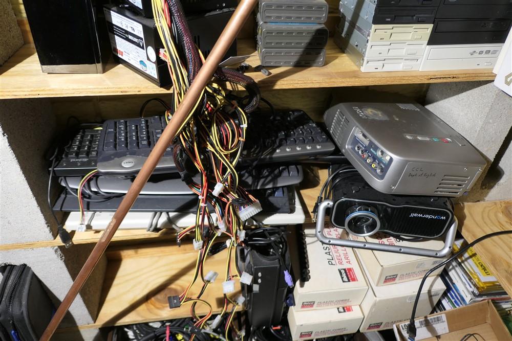 Large corner lot electronics, parts, cords etc