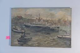 Oil on canvas painting - Holland America Line at Rotterdam