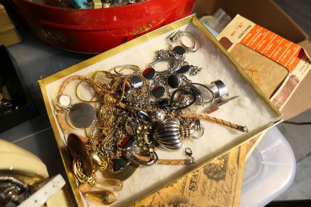 Large lot assorted vintage costume jewelry, watches, coins