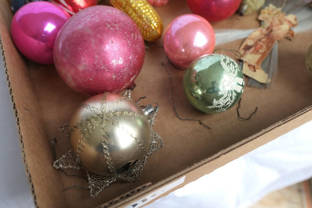 Flat of well worn Early Christmas Ornaments