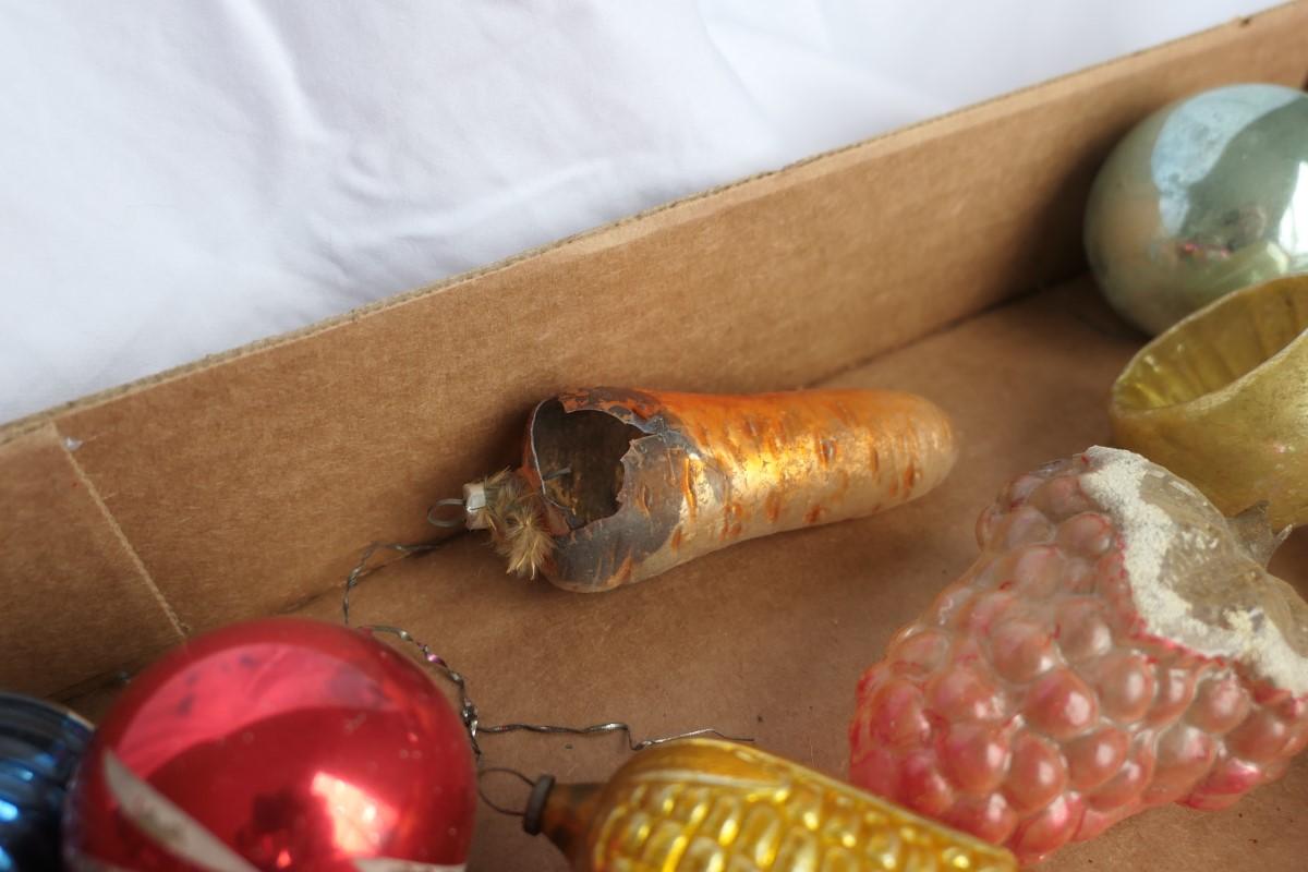 Flat of well worn Early Christmas Ornaments