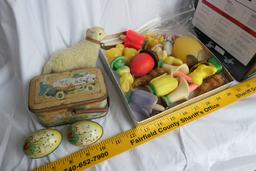 Tin eggs, small box with handles, toy lamp PLUS