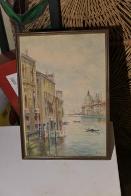 Antique Watercolor on Paper Painting Venice Boats