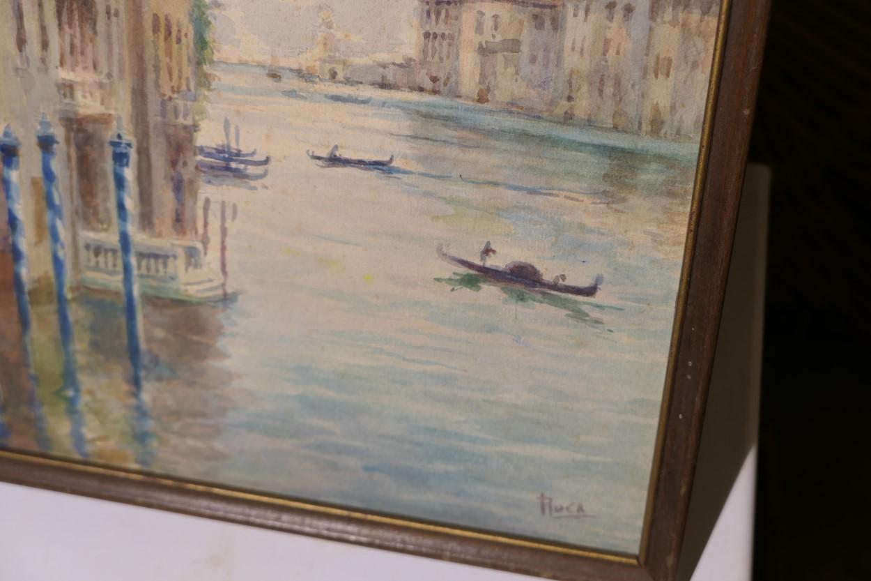 Antique Watercolor on Paper Painting Venice Boats