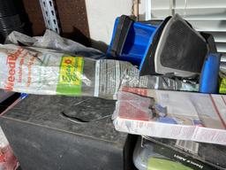 2 Shelves assorted garage items, hardware, tools