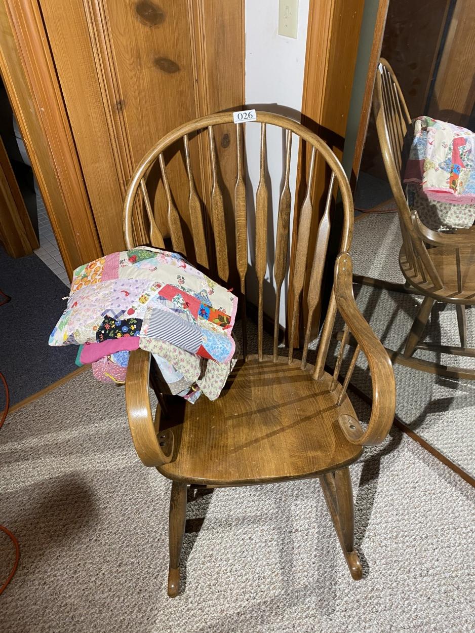 Antique Oak Rocking Chair with small quilts