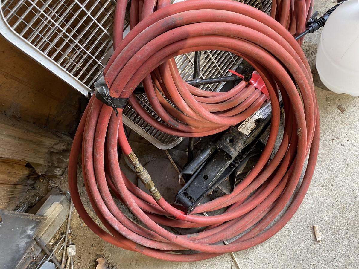 Assorted garage items - chemicals, hoses, fan etc