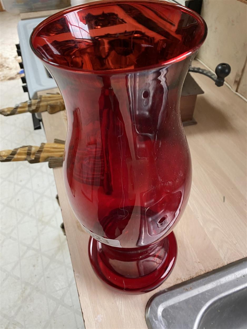 Unusual Ruby Red Glass Hurricane Candle Holder with Base