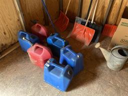 Misc. Lot Fuel Cans, shovels, galvanized watering can etc