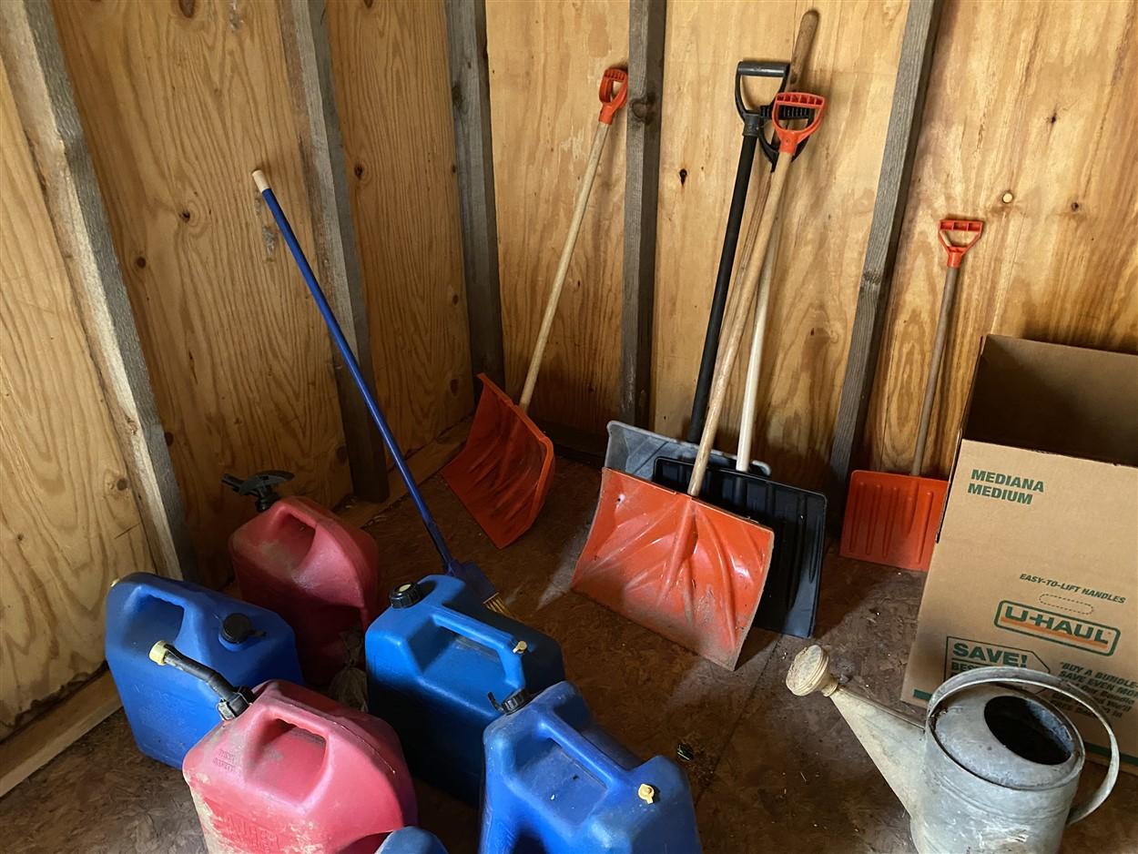 Misc. Lot Fuel Cans, shovels, galvanized watering can etc