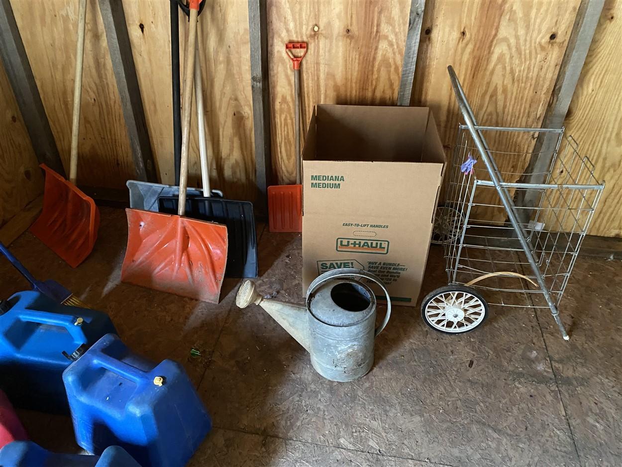 Misc. Lot Fuel Cans, shovels, galvanized watering can etc