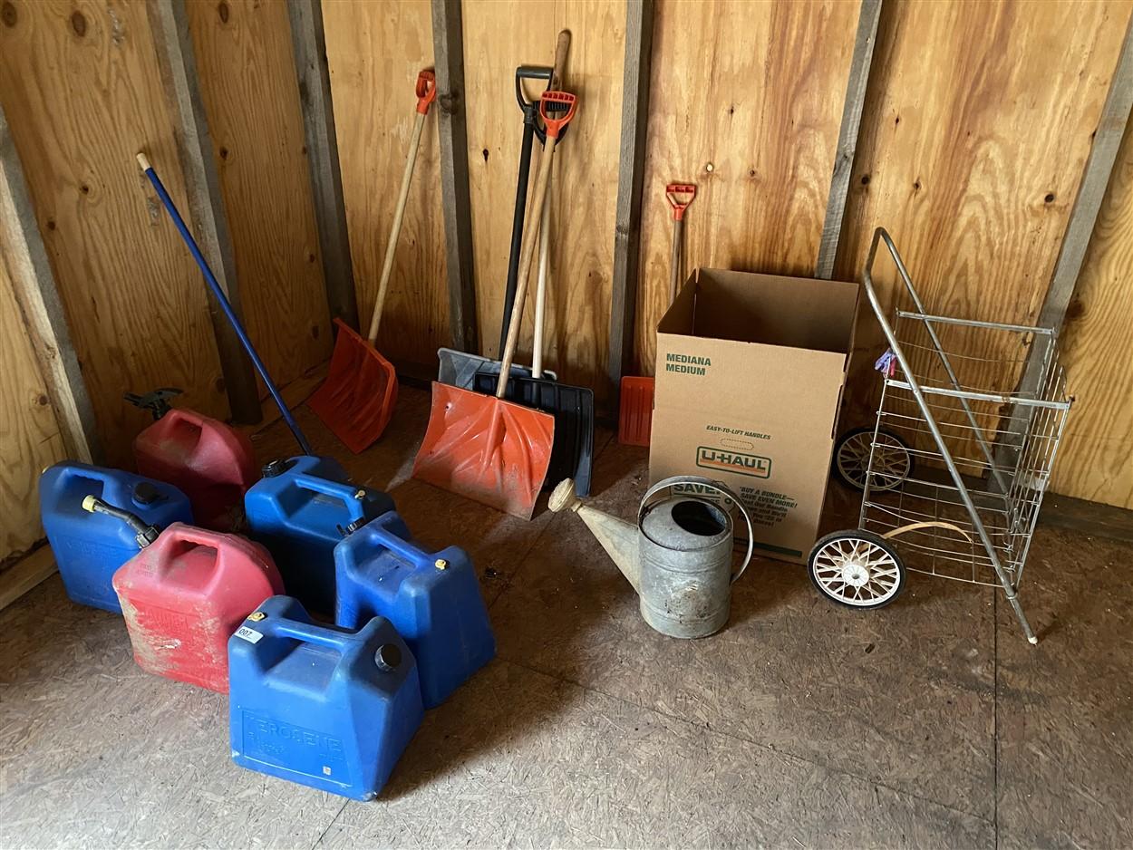 Misc. Lot Fuel Cans, shovels, galvanized watering can etc