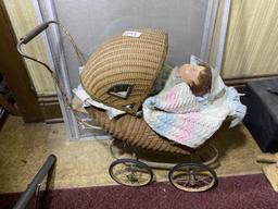 Wicker baby buggy, antique doll, teddy bears etc