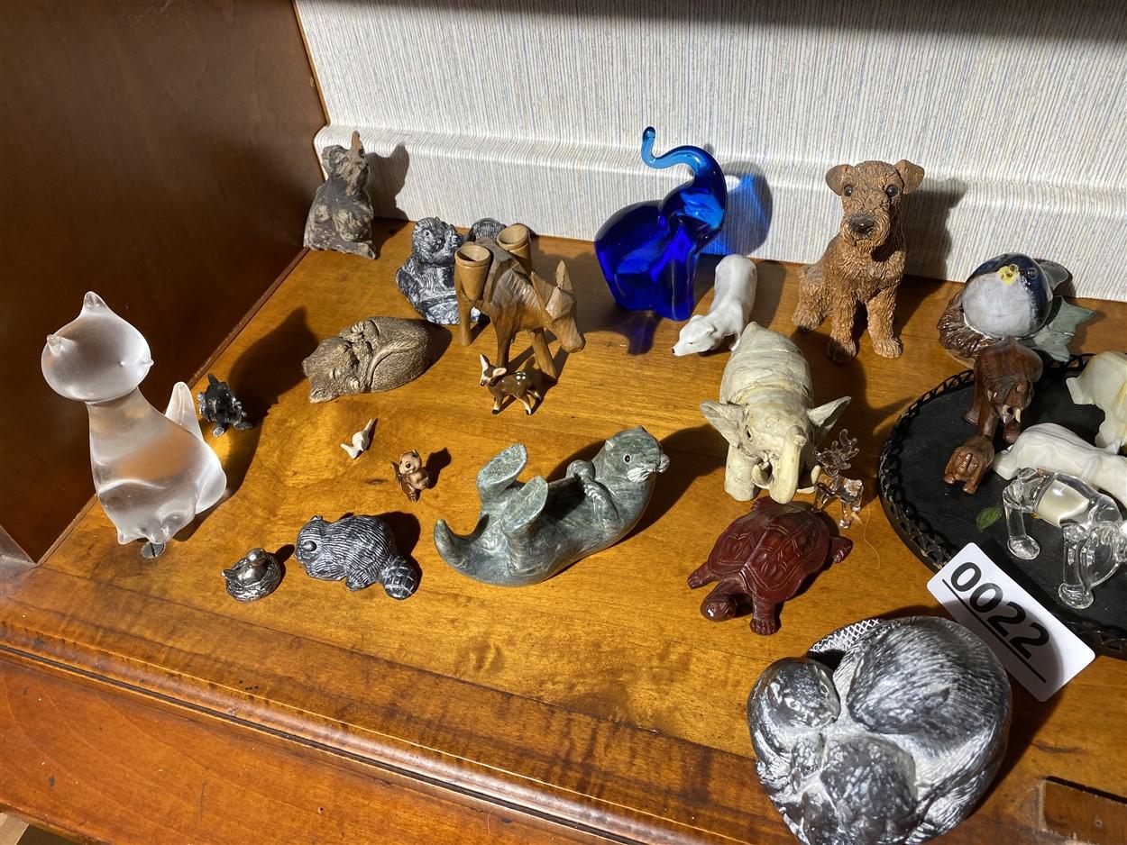 Shelf lot of carvings, figurines inc. Native Canadian made, Goebel terrier