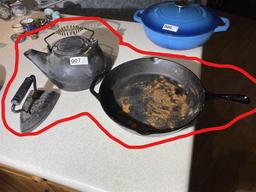 Cast iron pan, kettle, sad iron lot