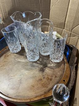 Crystal water pitcher, glasses, decanter, other items