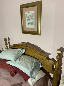 Full sized bed, picture, nightstand, lamp