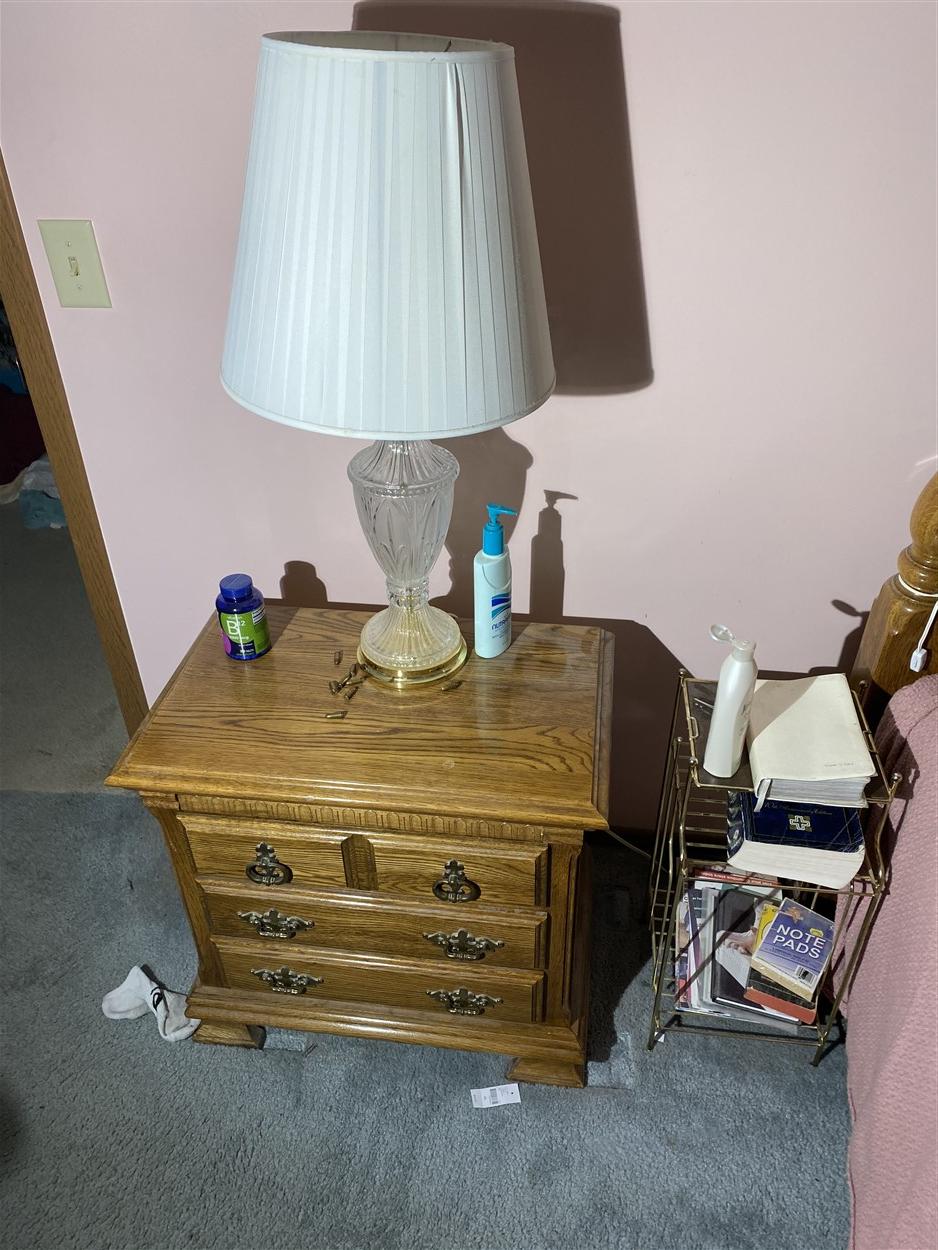 Full sized bed, picture, nightstand, lamp