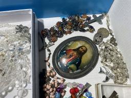 Flat lot of antique rosaries, religious items