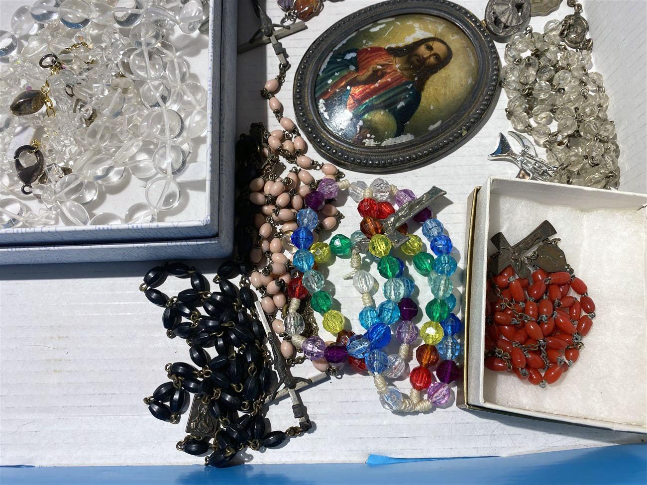 Flat lot of antique rosaries, religious items