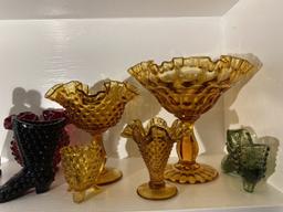 Shelf lot assorted glass including Fenton, Royal Doulton