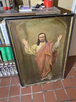 Antique Oil on Canvas Board Painting of Jesus